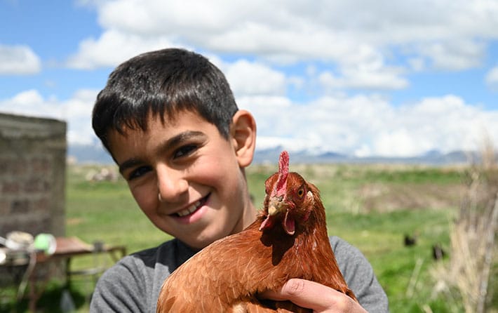 Boy in Armenia holding a chicken – extra donations give the family an important income
